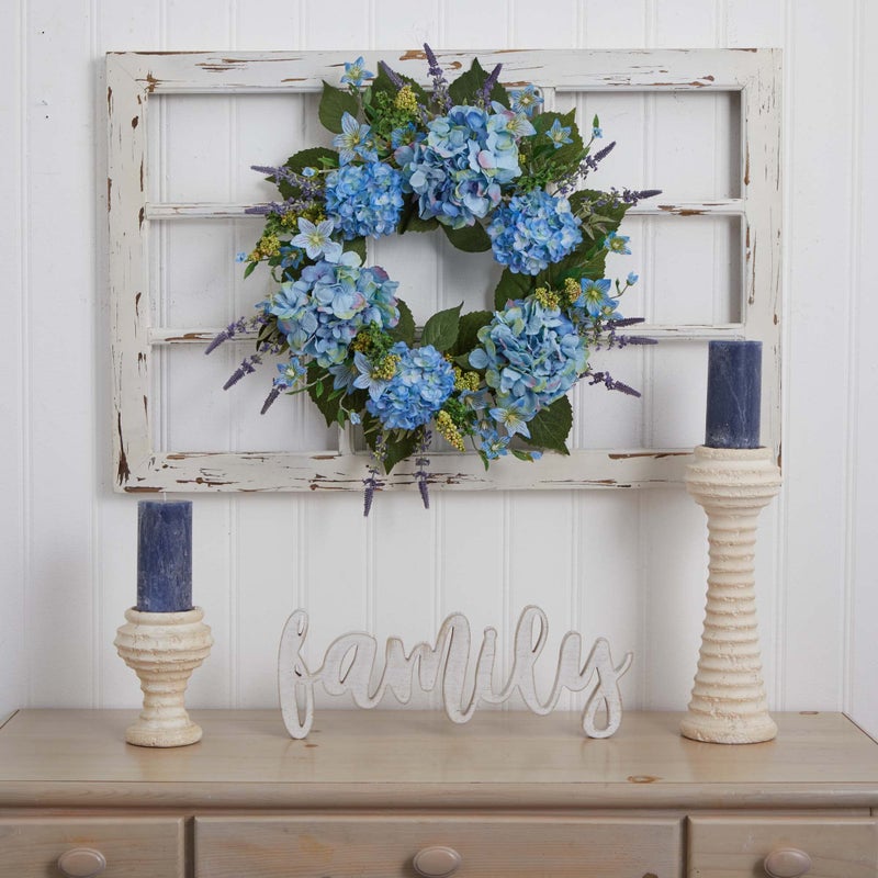Nearly Natural, 24" Hydrangea Wreath (4224),Blue - Image 2